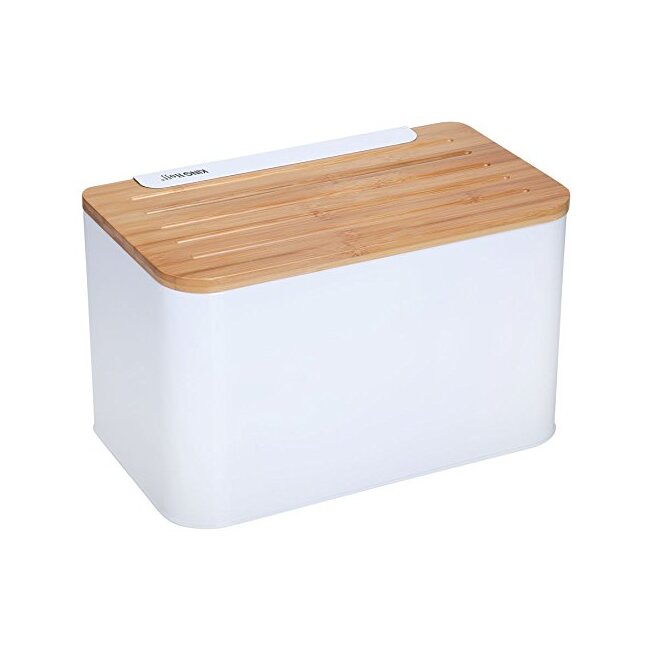 Stainless steel bread box with wooden board - white