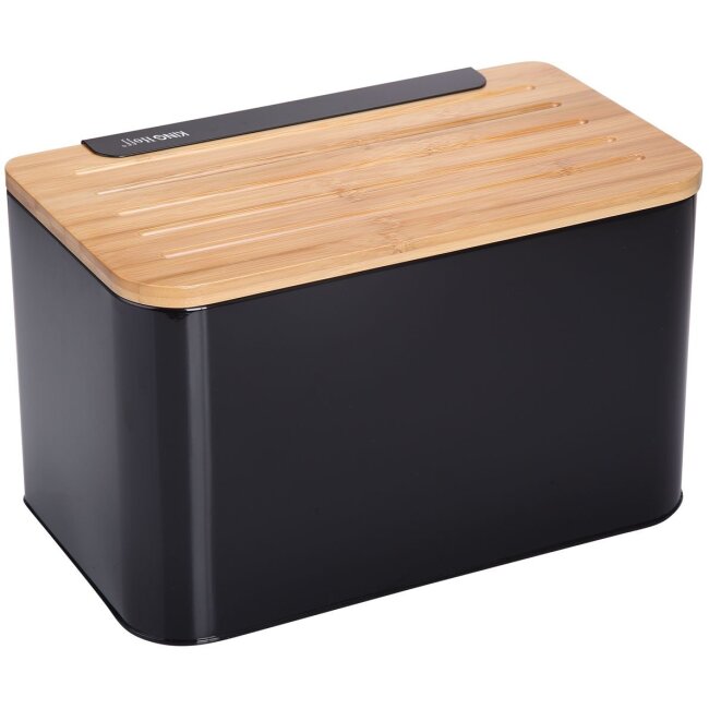 Stainless steel bread box with wooden board - black 25 x 20 x 21.5 cm
