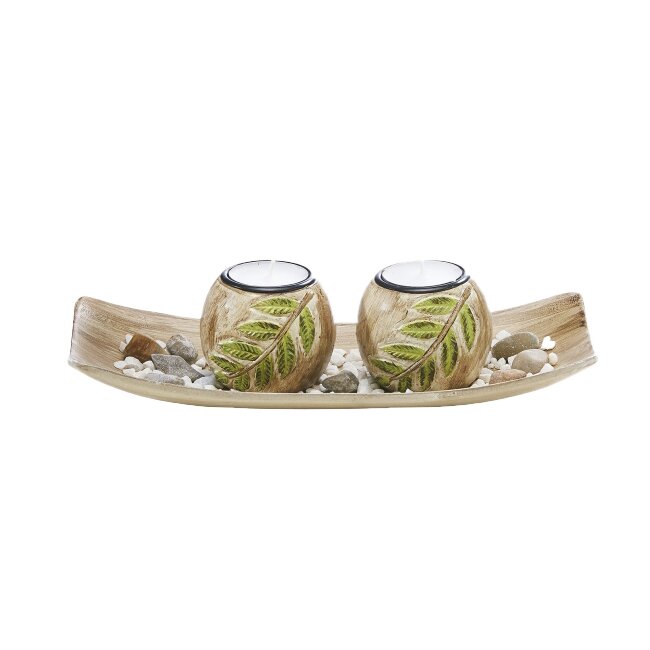Decorative bowl with 2 candle holders, leaf design
