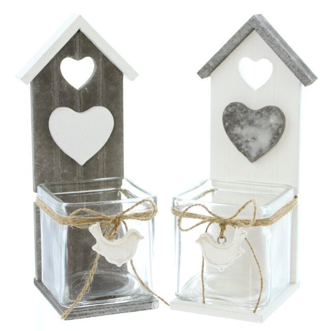 Theelichthouder vogelhuisje van glas en hout, set van 2