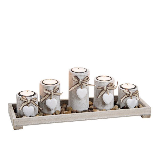 Tealight holder 5s on tray with stones made of wood, approx. 38 x 12 x 11 cm