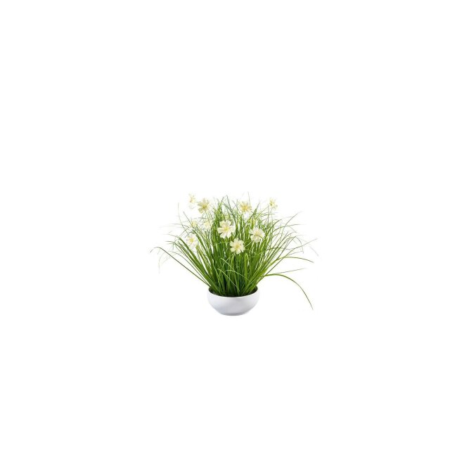 Grass in bowl with flowers, cream / green, about 42 cm