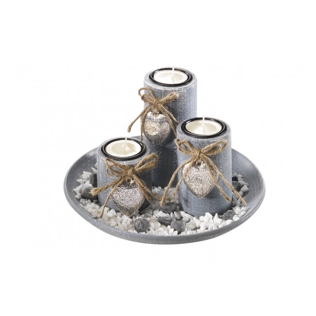 Polyresin decorative bowl with three candles gray
