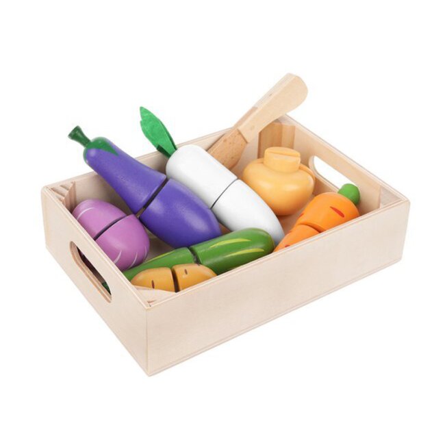 Creative wooden vegetable set for cutting, playful learning with vegetable basket