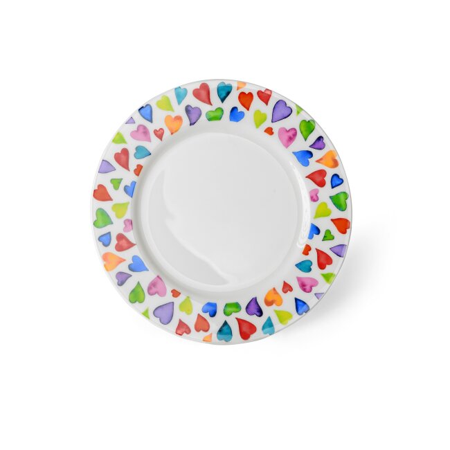 Teller 22 cm Warm Hearts f&uuml;r Kuchen, Aquarell Herz Design in bunten Farben aus Porzellan