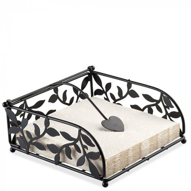 Eindrucksstarker Serviettenständer aus Metall, schwarz lackiert mit Blattdesign