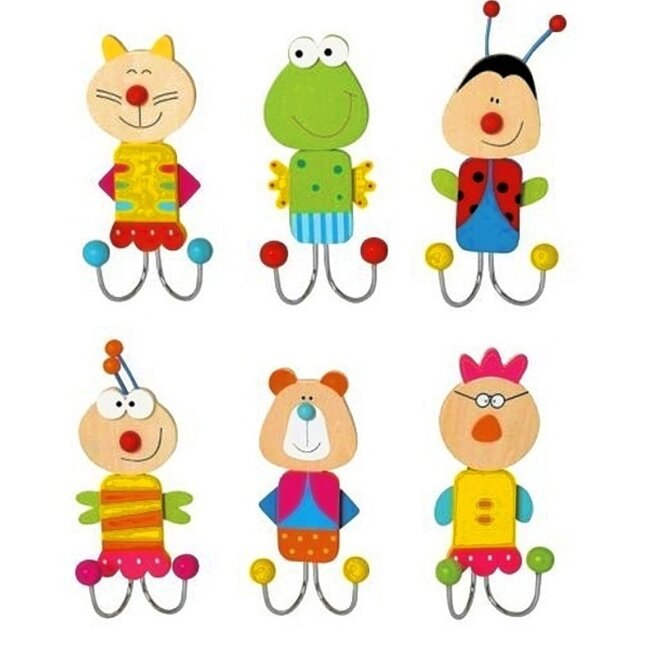 Set of 6 double coat hooks funny animal motifs