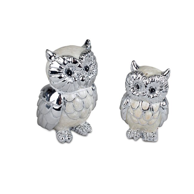 Elegante Eulen Figur aus Kunststein, ideal f&uuml;r Eulenliebhaber in silbernem Federkleid